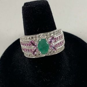 925 Silver Emerald Pink Saphire Ring